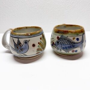 Vintage Ken Edwards Mexican Pottery Fish & Bird Mugs